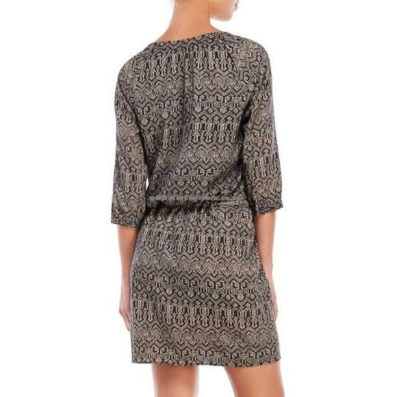 Maison Scotch Black & Cream Print Scoop Neck 3/4 Sleeve Drawstring Mini Dress 8 - Picture 2 of 13